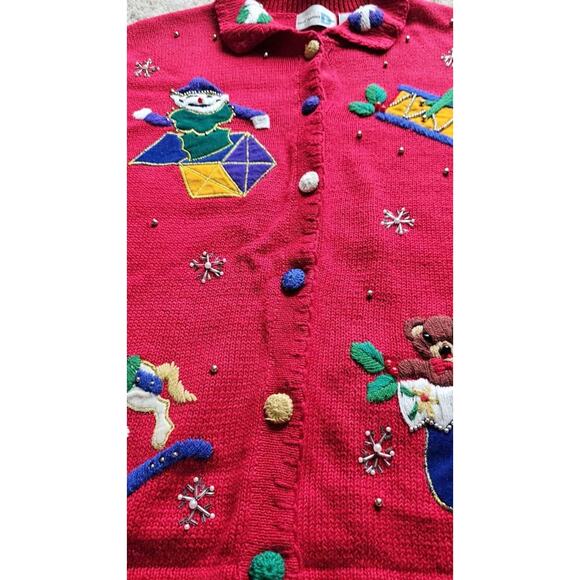 Vintage Christmas Cardigan Ugly Holiday Sweater Embroidered Snowman Teddy Bear L - Picture 5 of 7